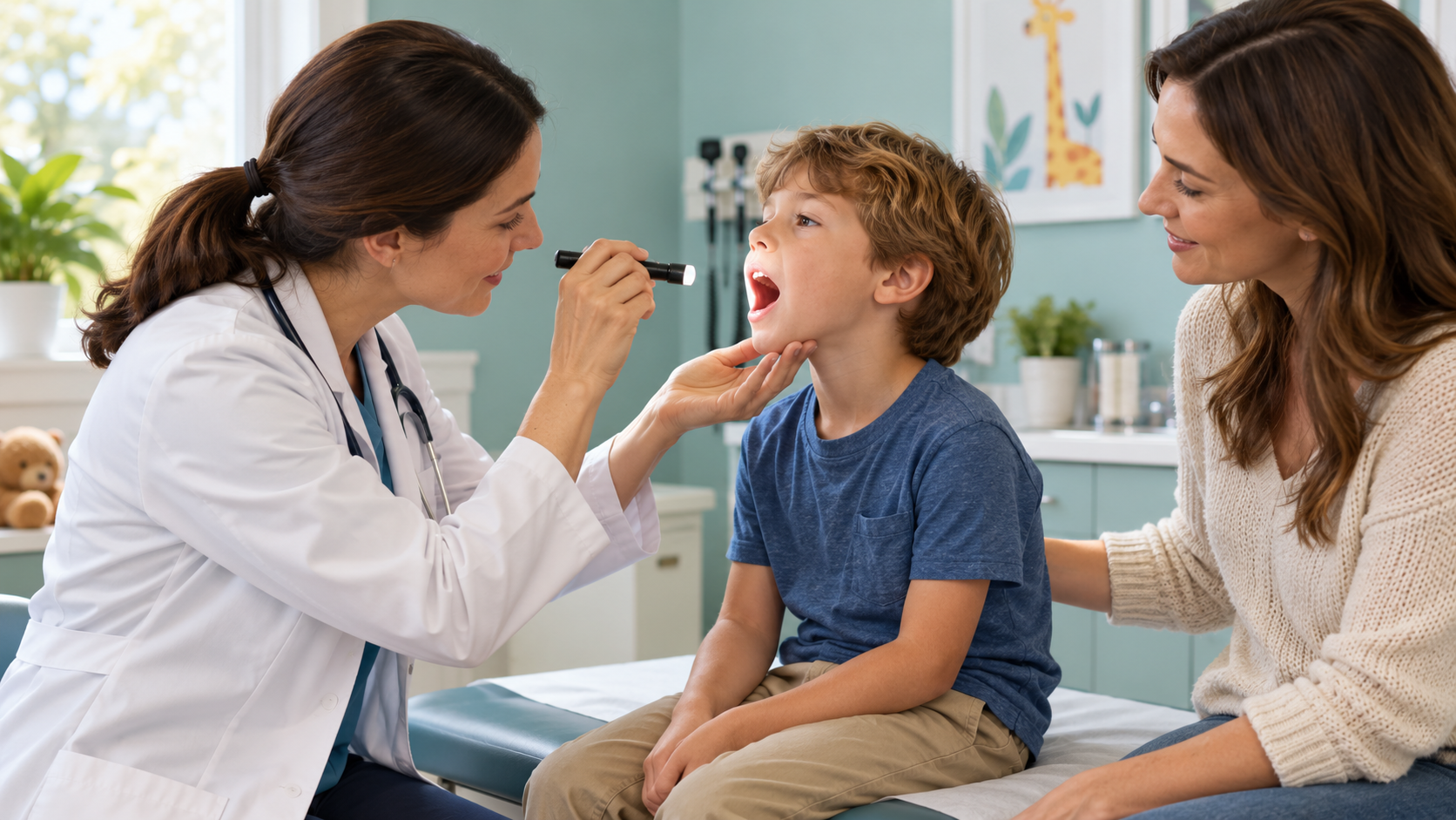 Ilustracja badania gardła dziecka przez pediatrę