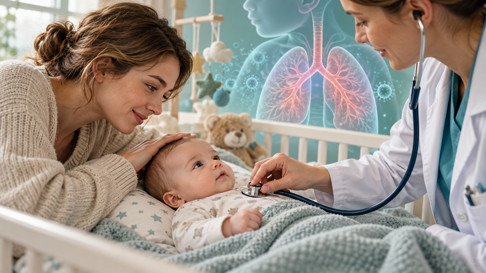 Ilustracja niemowlęcia badanego przez pediatrę przy infekcji RSV